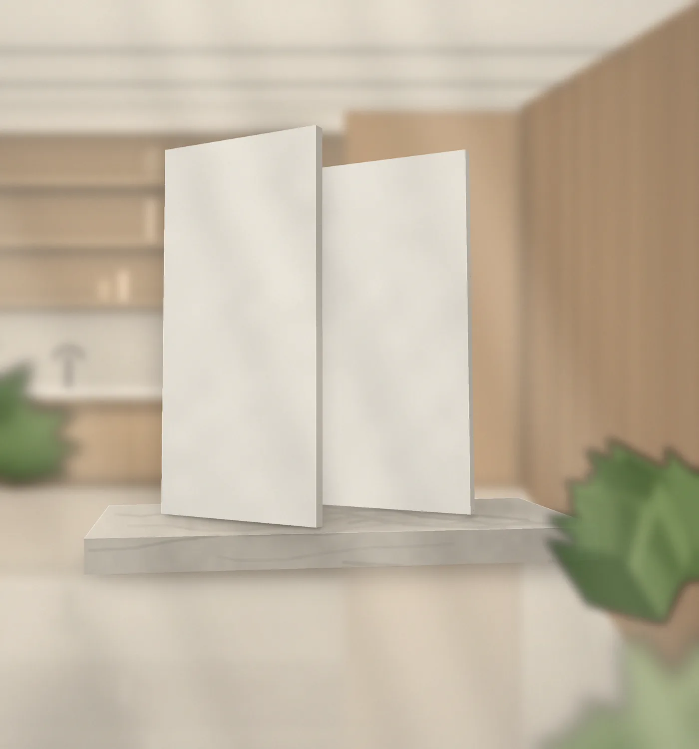 Two bright white 8 by 4 foot DUROMAK sheets standing on a stone plinth, annotated with their dimensions