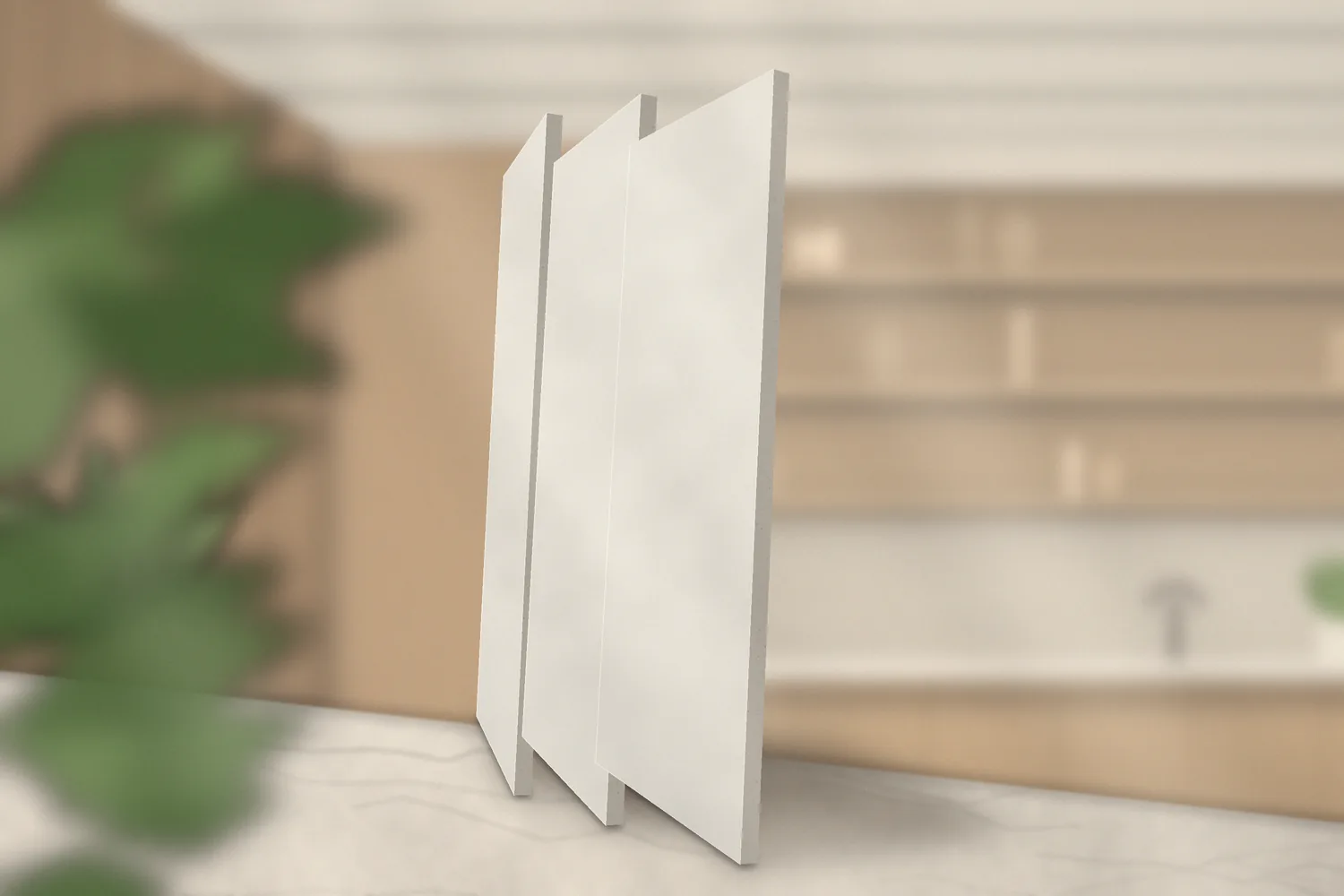 Bright white DUROMAK sheets standing on edge against an oak slat wall